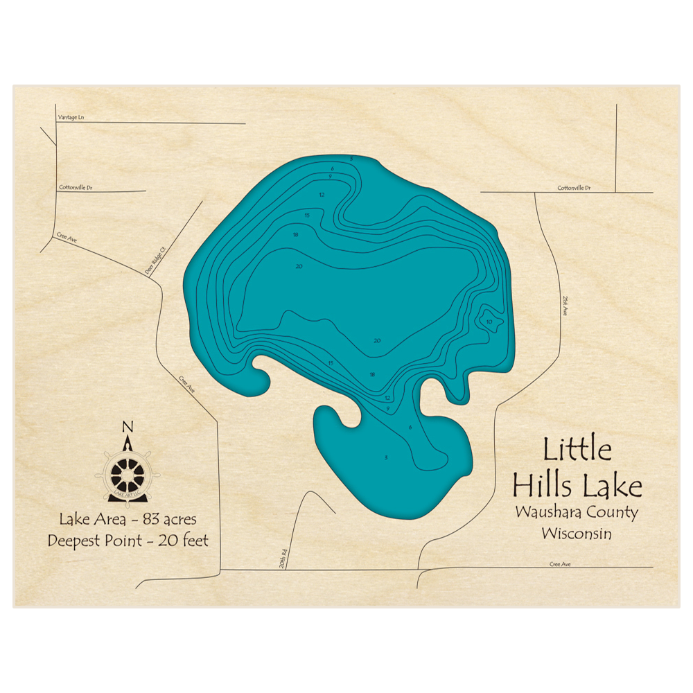 Bathymetric topo map of Little Hills Lake with roads, towns and depths noted in blue water