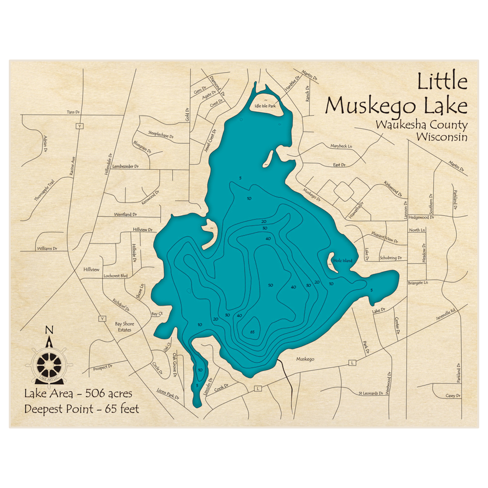Bathymetric topo map of Little Muskego Lake with roads, towns and depths noted in blue water