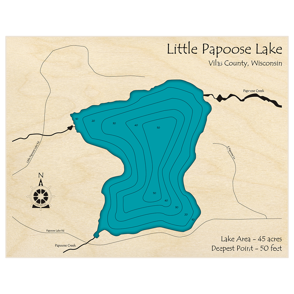 Bathymetric topo map of Little Papoose Lake with roads, towns and depths noted in blue water