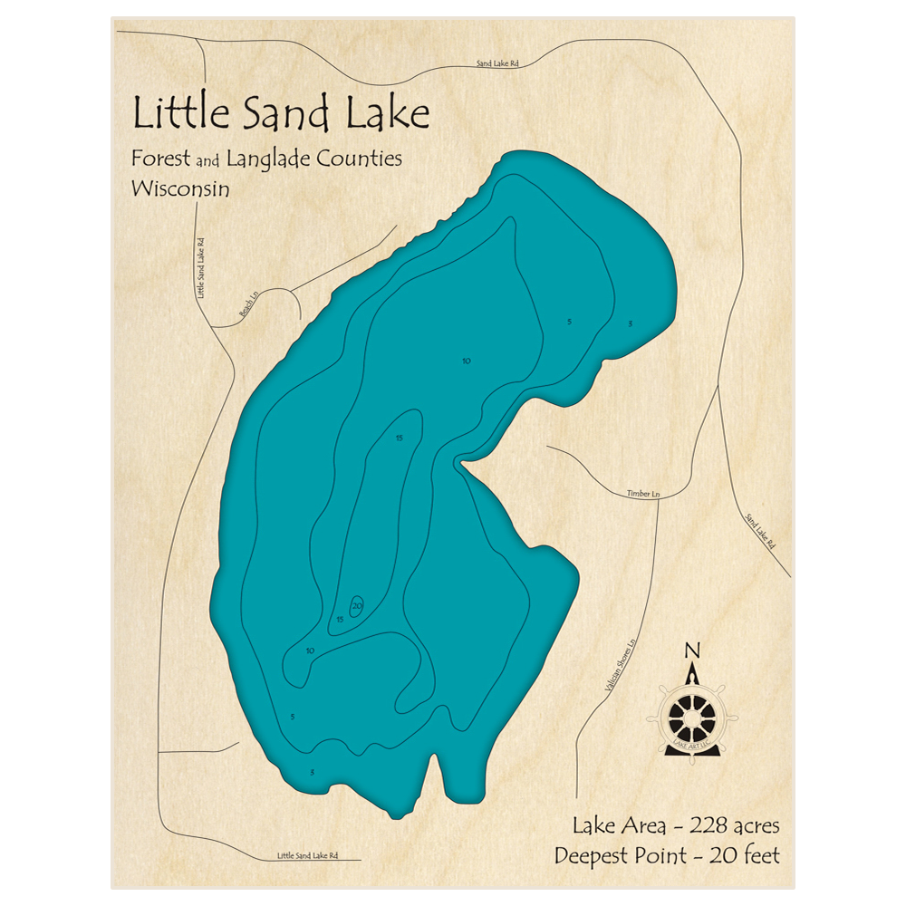 Bathymetric topo map of Little Sand Lake with roads, towns and depths noted in blue water