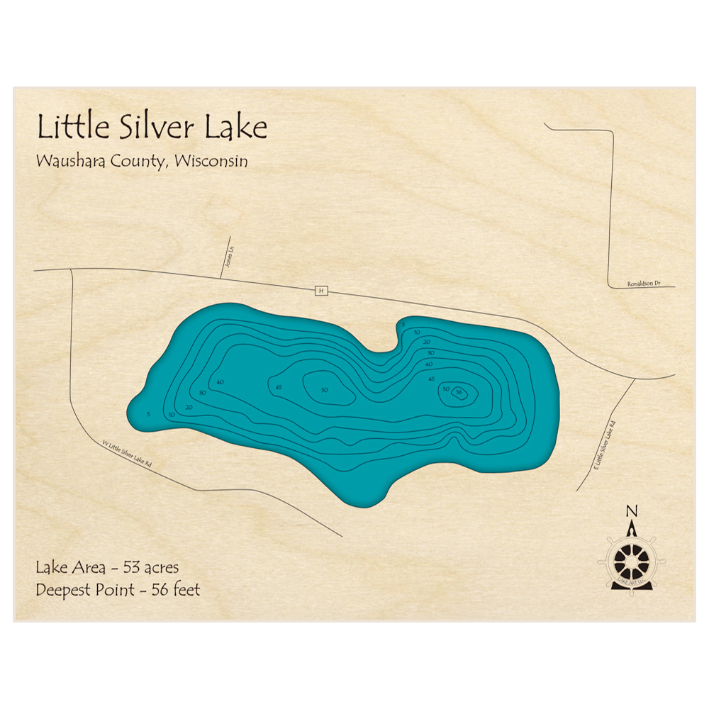 Bathymetric topo map of Little Silver Lake with roads, towns and depths noted in blue water