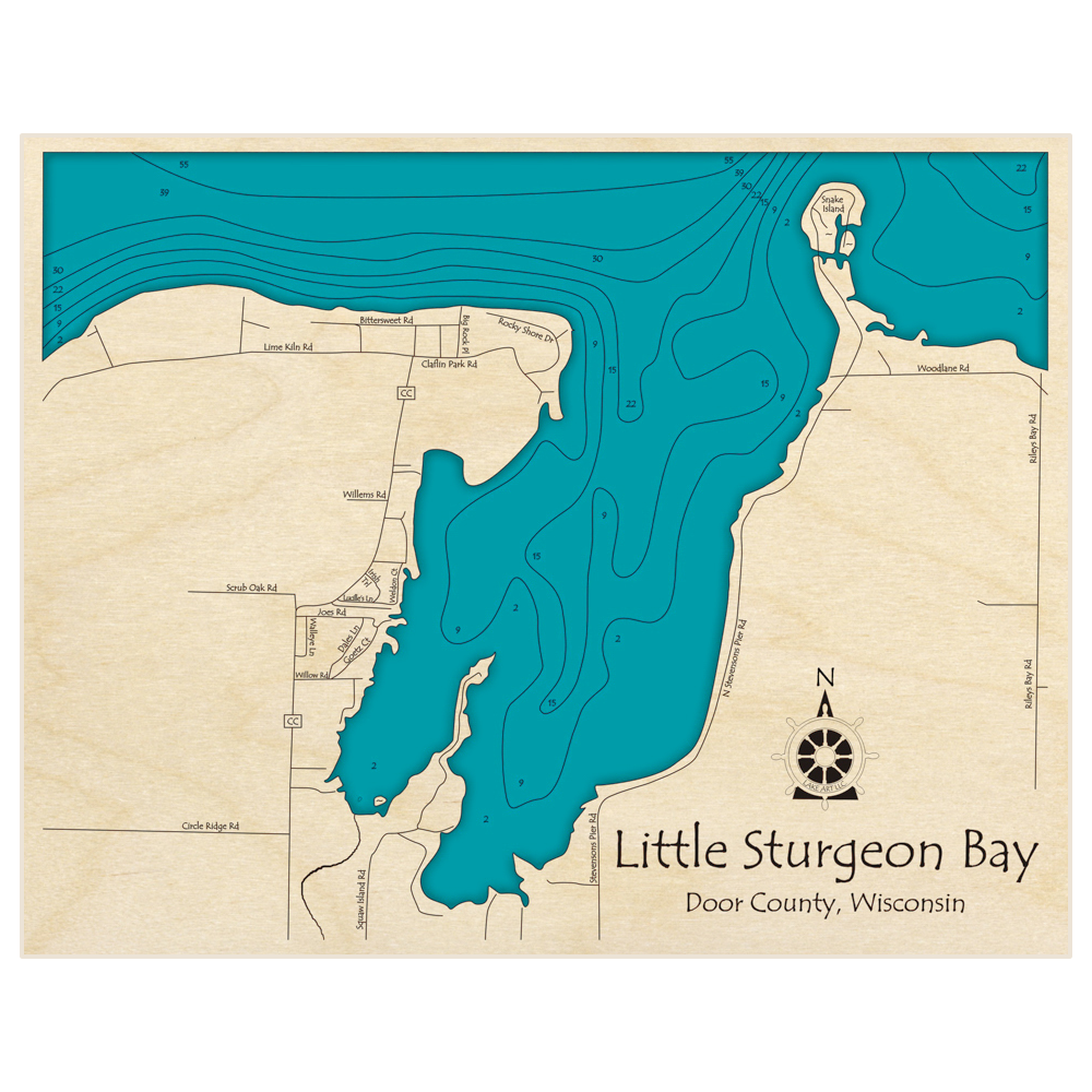 Bathymetric topo map of Little Sturgeon Bay with roads, towns and depths noted in blue water