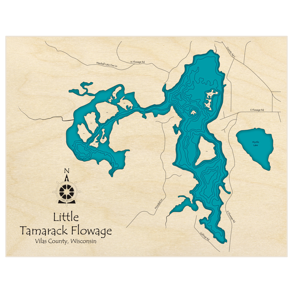 Bathymetric topo map of Little Tamarack Flowage  with roads, towns and depths noted in blue water
