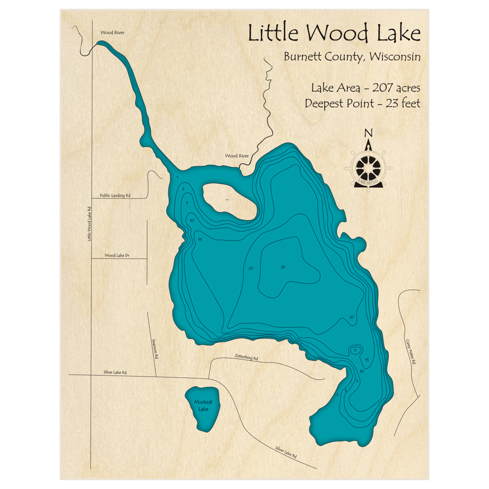 Bathymetric topo map of Little Wood Lake with roads, towns and depths noted in blue water
