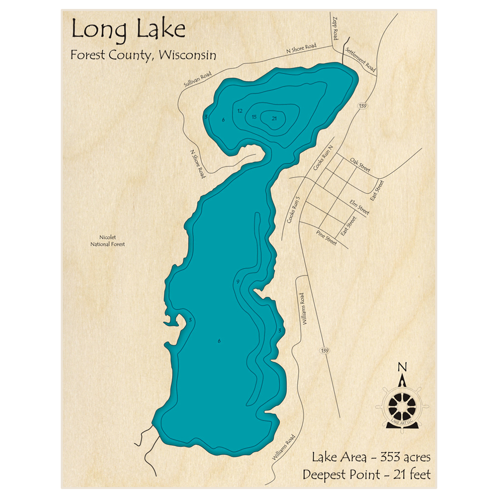 Bathymetric topo map of Long Lake with roads, towns and depths noted in blue water