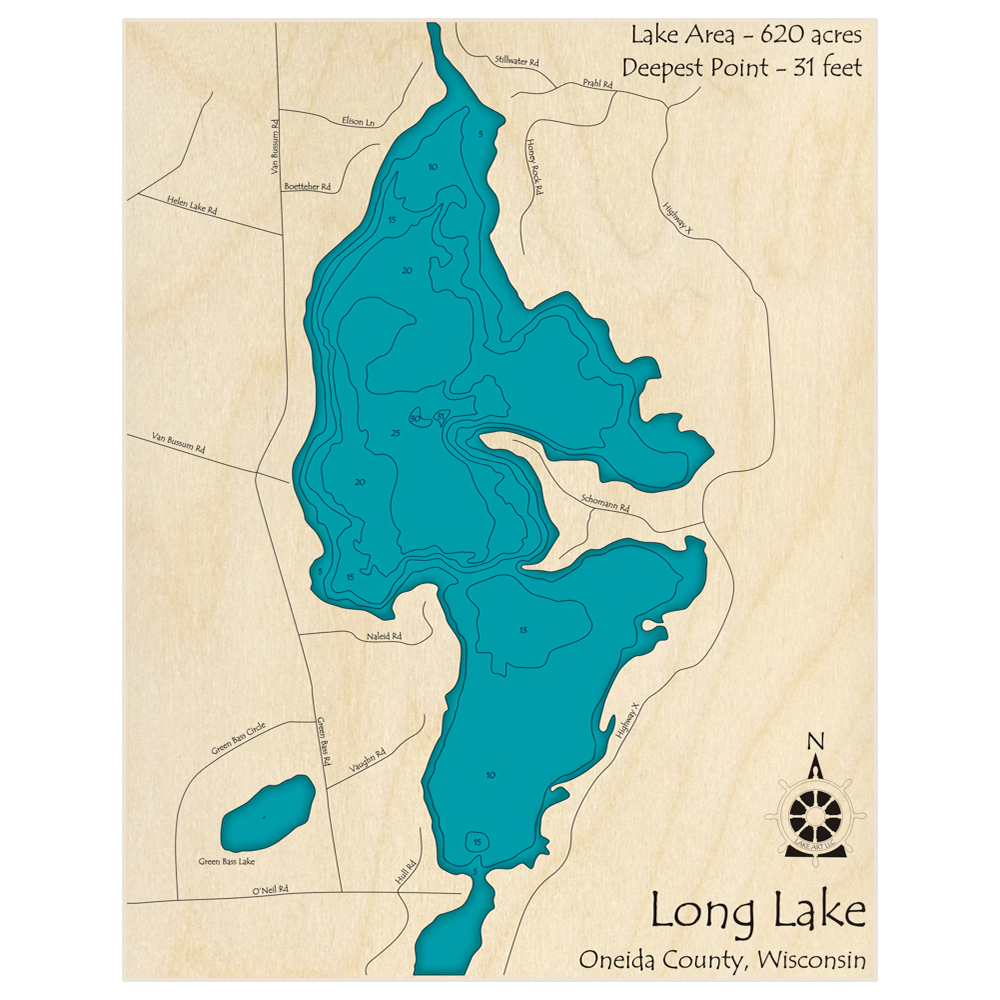 Bathymetric topo map of Long Lake (ZIP 54521) with roads, towns and depths noted in blue water