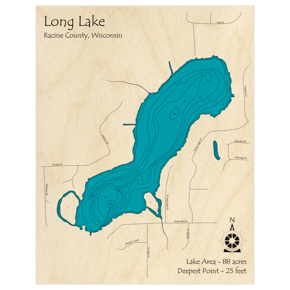 Bathymetric topo map of Long Lake with roads, towns and depths noted in blue water
