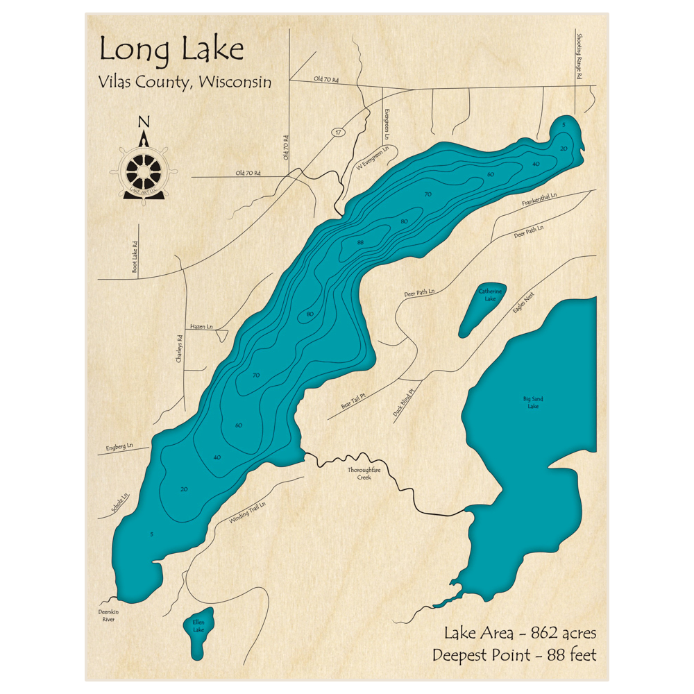 Bathymetric topo map of Long Lake with roads, towns and depths noted in blue water