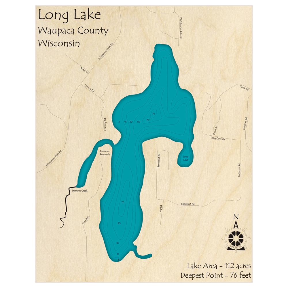 Bathymetric topo map of Long Lake with roads, towns and depths noted in blue water