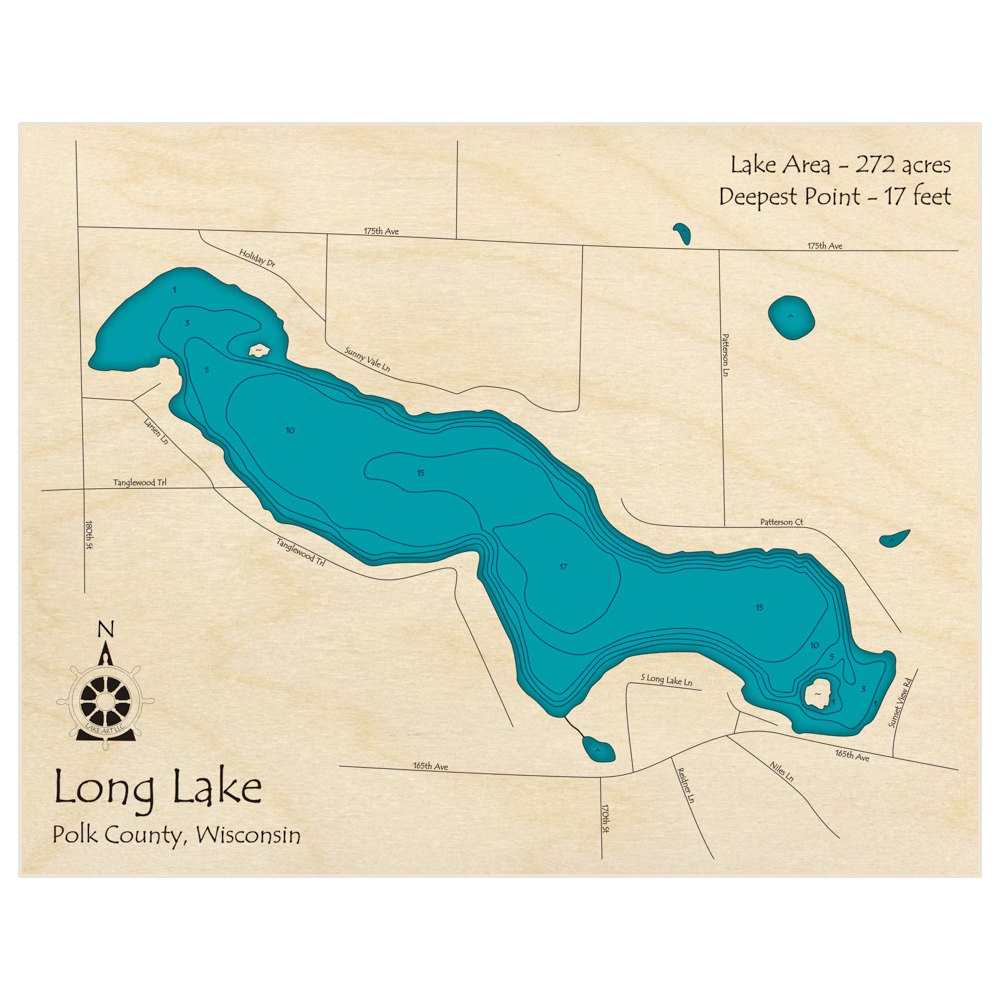 Bathymetric topo map of Long Lake (Near Centuria) with roads, towns and depths noted in blue water