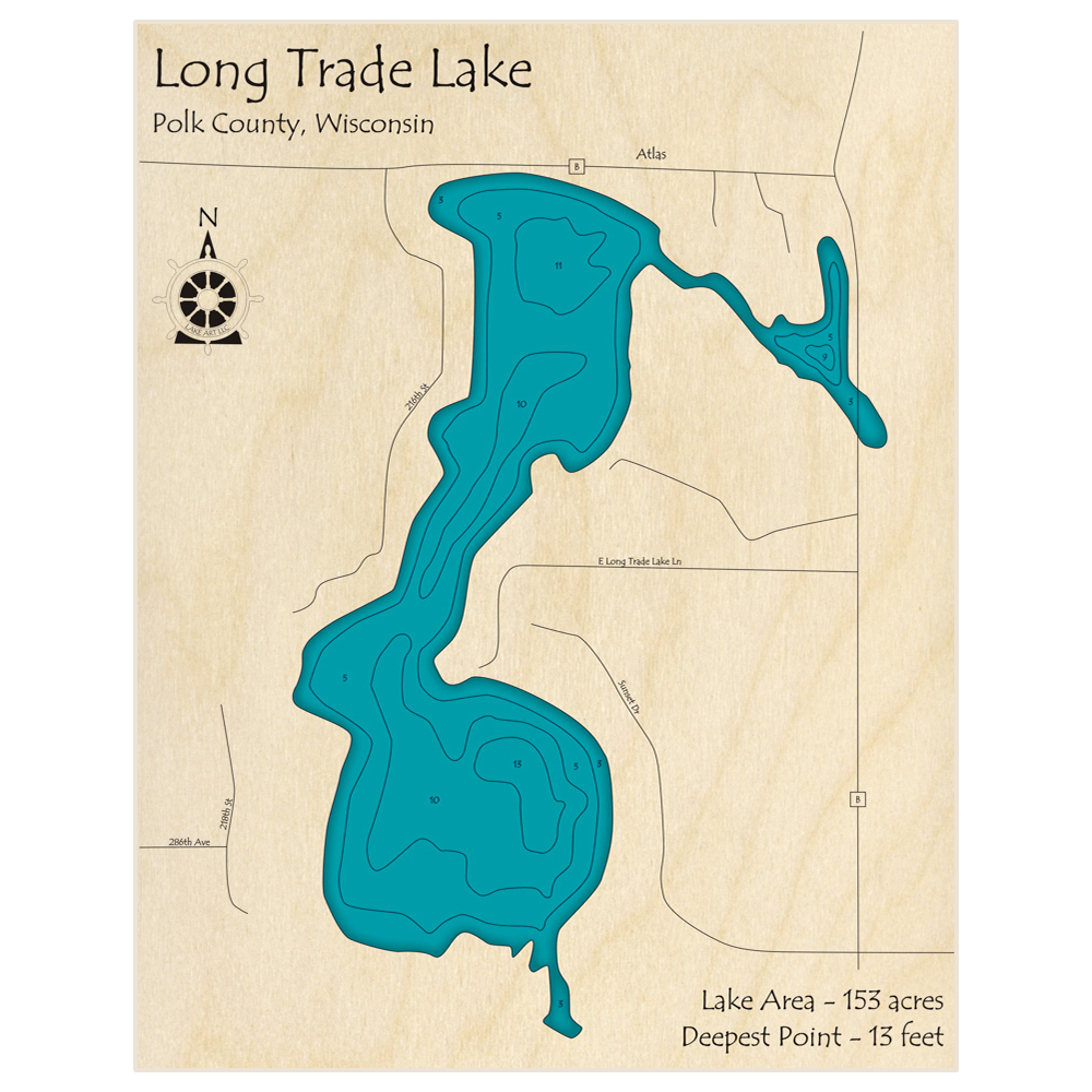 Bathymetric topo map of Long Trade Lake with roads, towns and depths noted in blue water