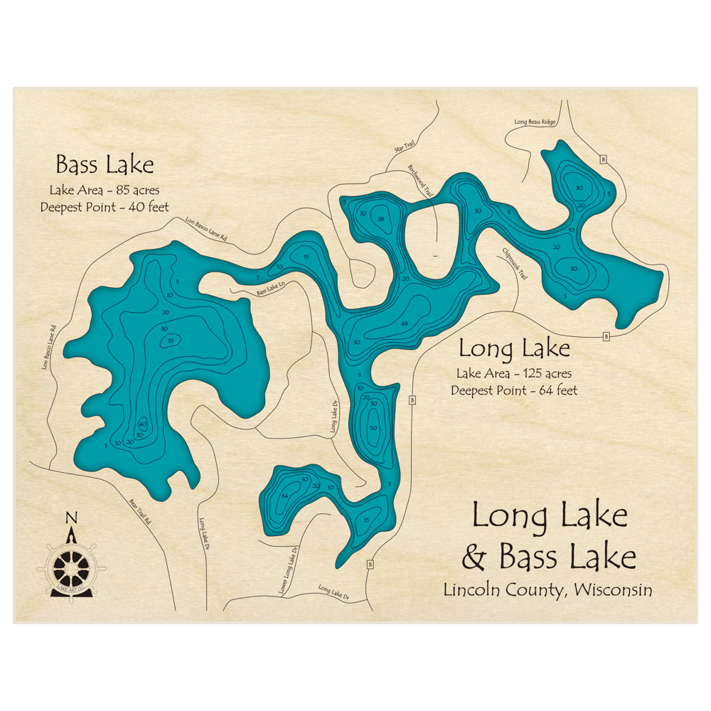 Bathymetric topo map of Long Lake and Bass Lake with roads, towns and depths noted in blue water