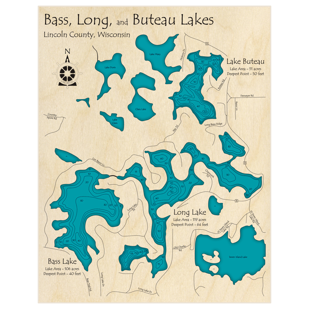 Bathymetric topo map of Long Lake and Bass Lake with Lake Buteau with roads, towns and depths noted in blue water