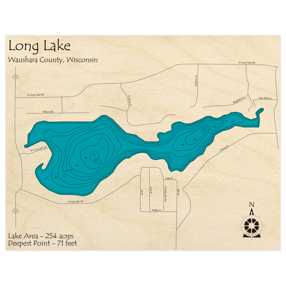 Bathymetric topo map of Long Lake (Zip 54981) (near Saxeville) with roads, towns and depths noted in blue water