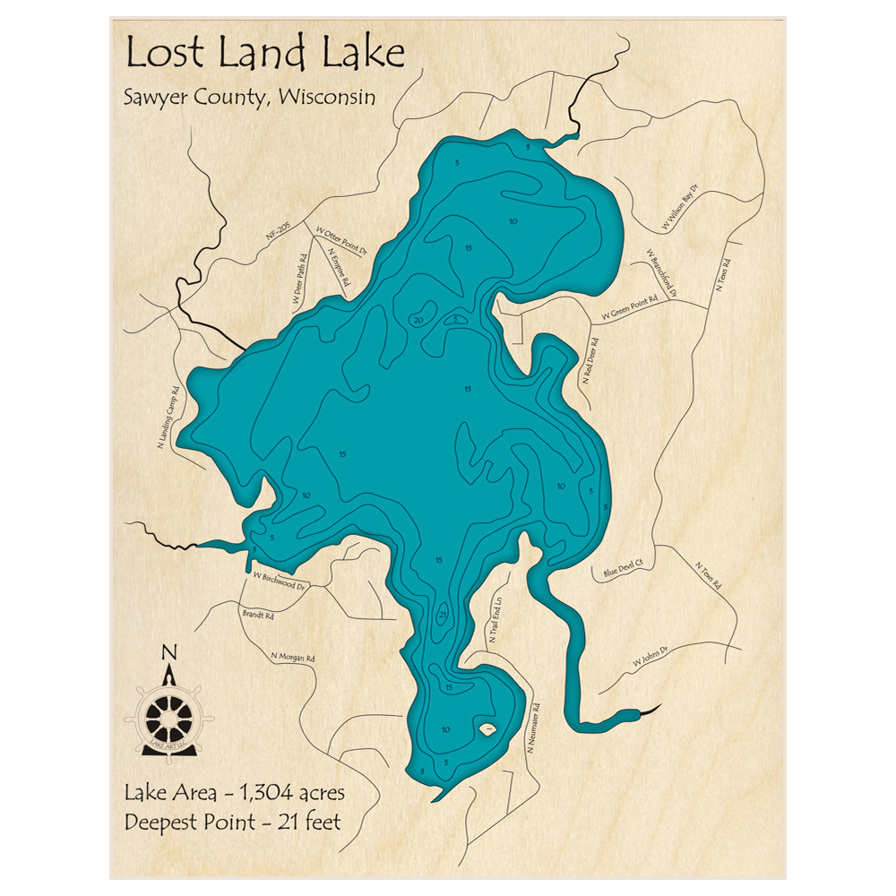 Bathymetric topo map of Lost Land Lake with roads, towns and depths noted in blue water