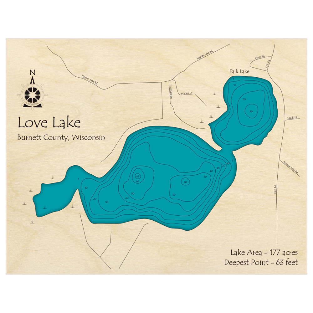 Bathymetric topo map of Love Lake with roads, towns and depths noted in blue water