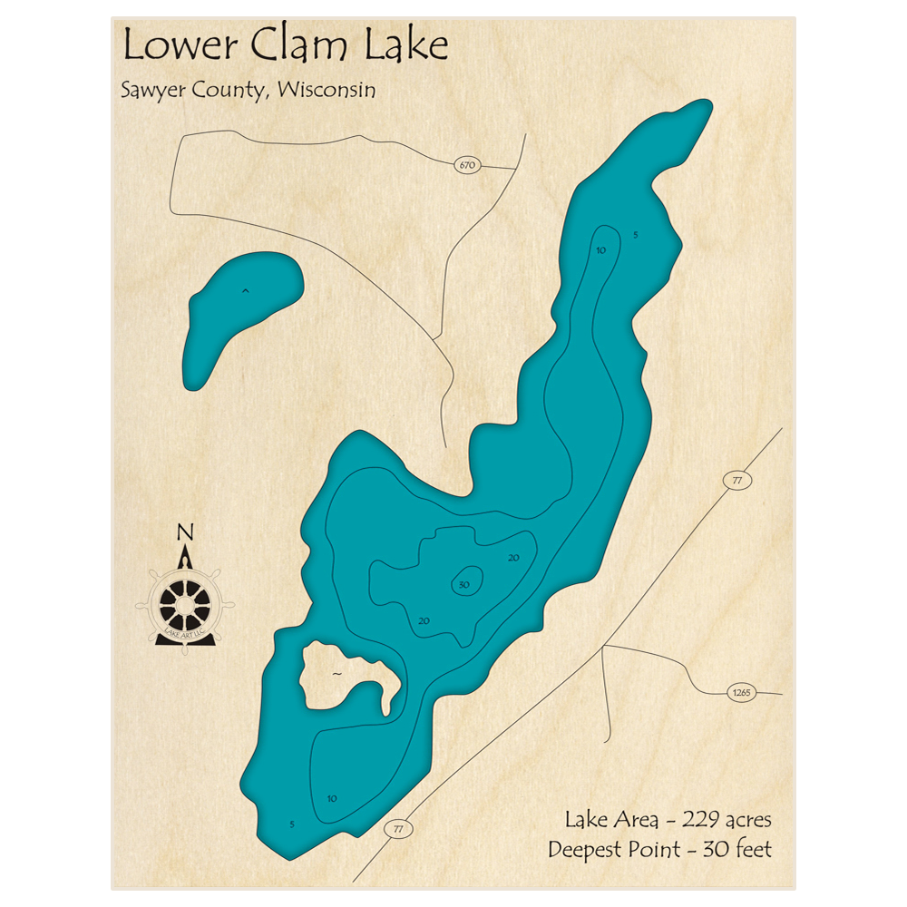 Bathymetric topo map of Lower Clam Lake with roads, towns and depths noted in blue water
