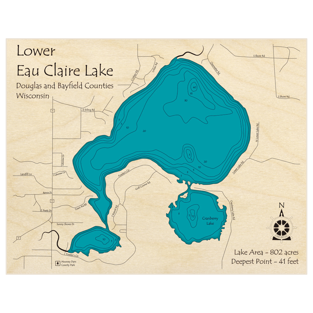 Bathymetric topo map of Lower Eau Claire Lake (With Cranberry Lake) with roads, towns and depths noted in blue water