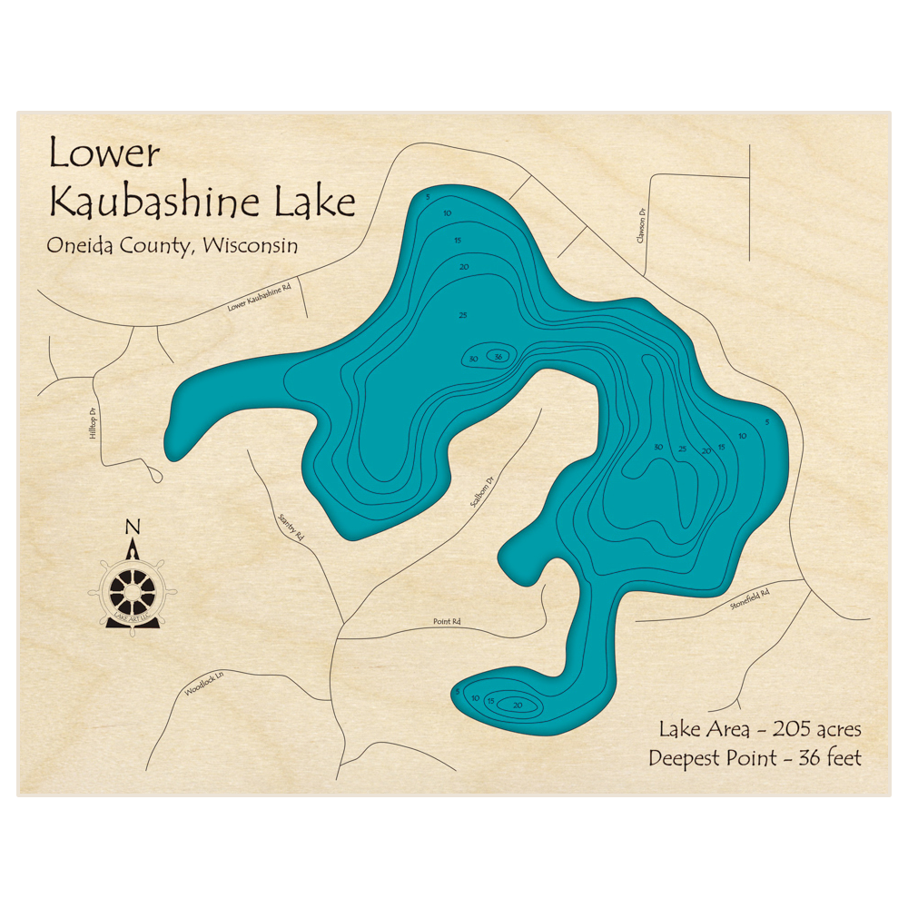 Bathymetric topo map of Lower Kaubashine Lake with roads, towns and depths noted in blue water