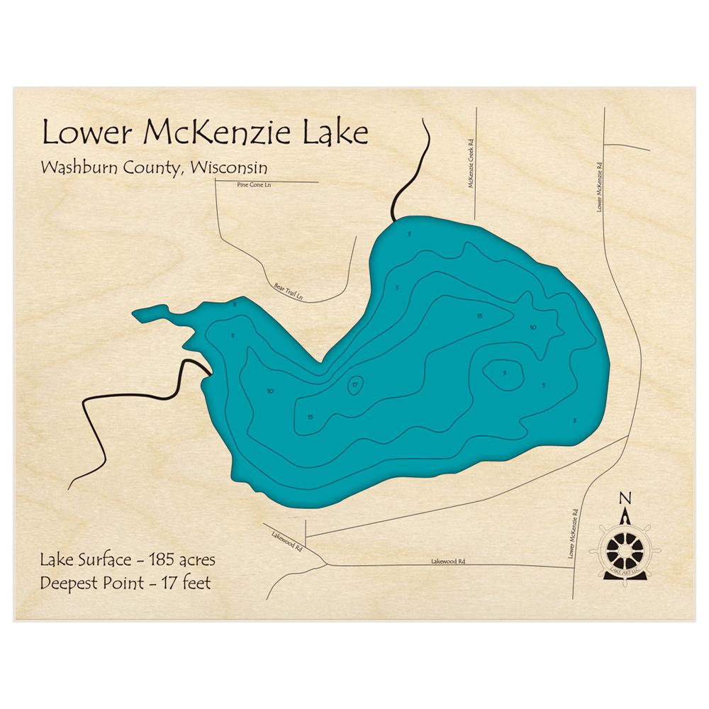 Bathymetric topo map of McKenzie Lake (Lower) with roads, towns and depths noted in blue water