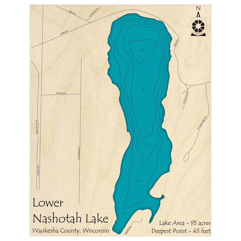 Bathymetric topo map of Nashotah Lake (Lower) with roads, towns and depths noted in blue water