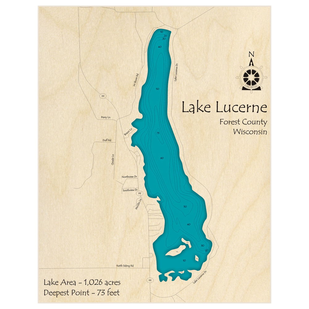 Bathymetric topo map of Lake Lucerne with roads, towns and depths noted in blue water