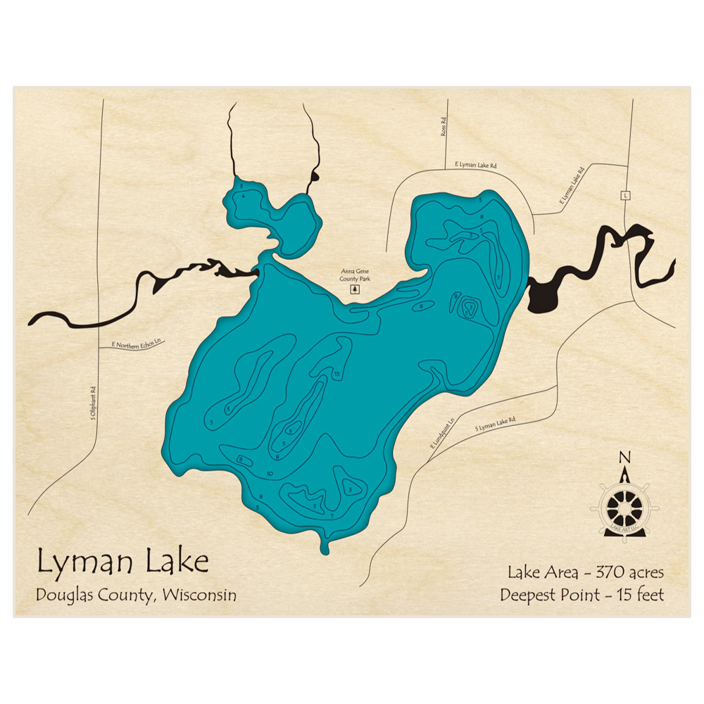 Bathymetric topo map of Lyman Lake with roads, towns and depths noted in blue water