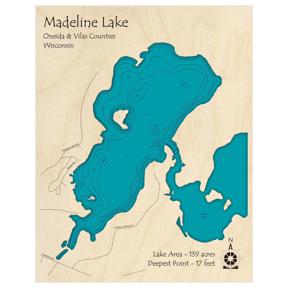 Bathymetric topo map of Madeline Lake with roads, towns and depths noted in blue water