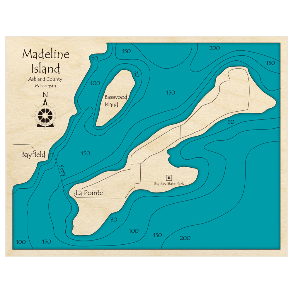 Bathymetric topo map of Madeline Island with roads, towns and depths noted in blue water