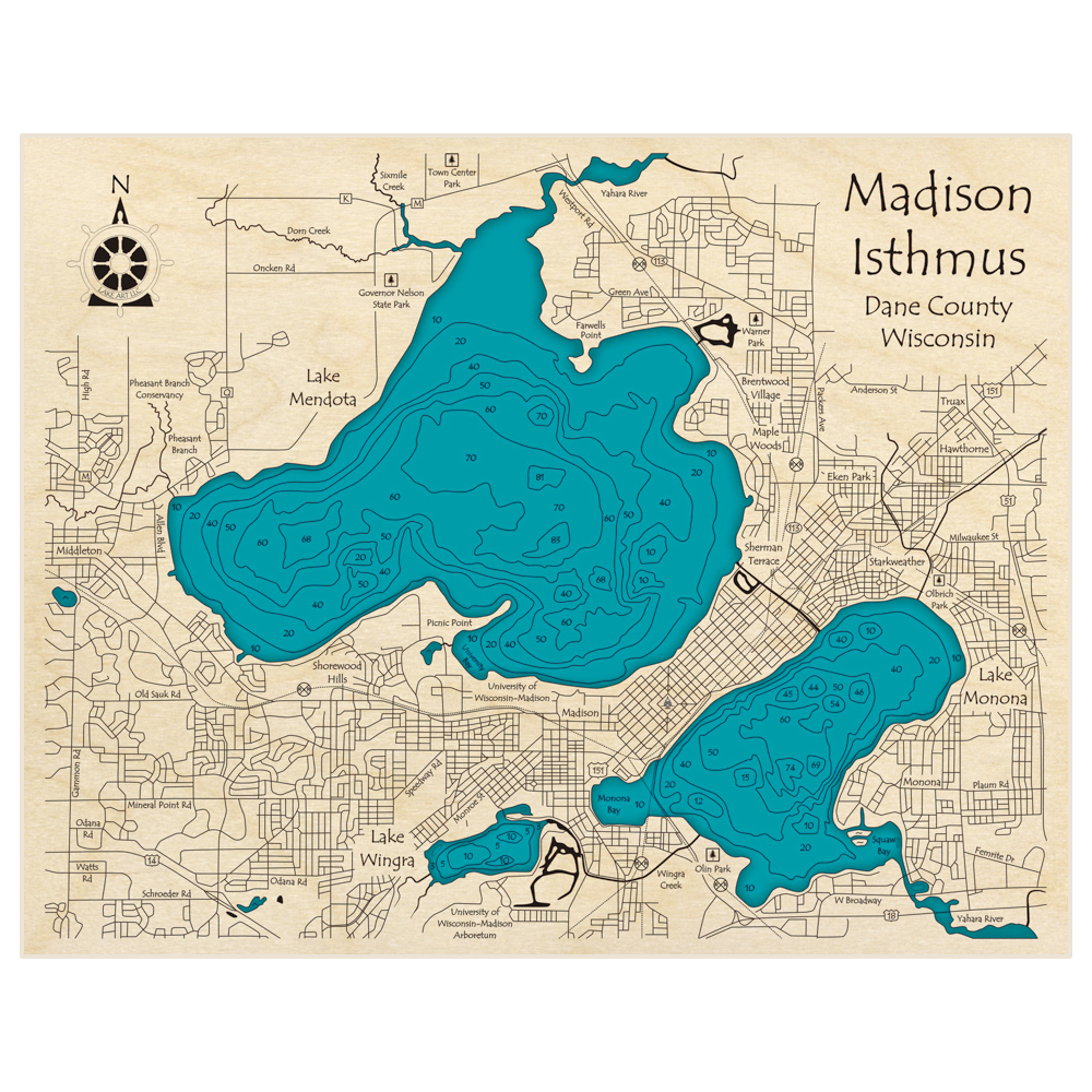Bathymetric topo map of Madison Isthmus (Mendota Monona Wingra) with roads, towns and depths noted in blue water