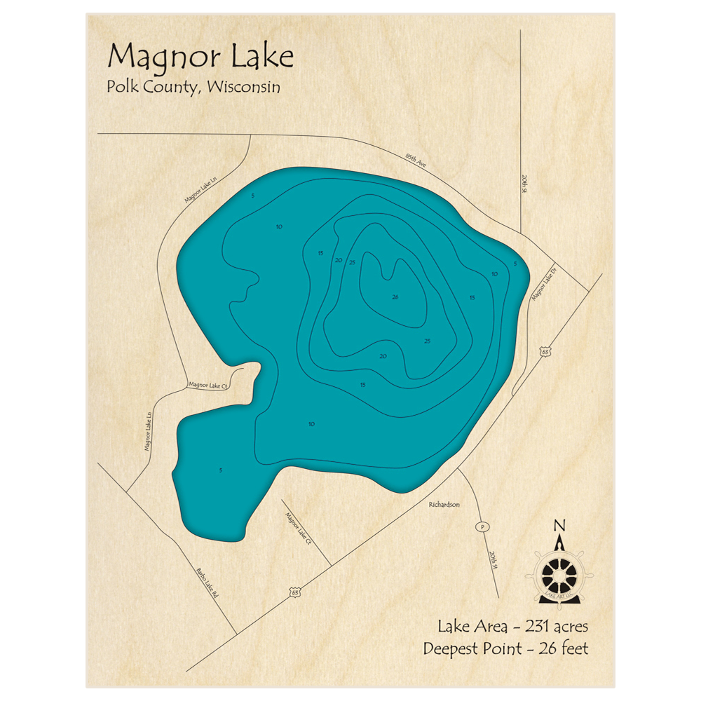 Bathymetric topo map of Magnor Lake with roads, towns and depths noted in blue water