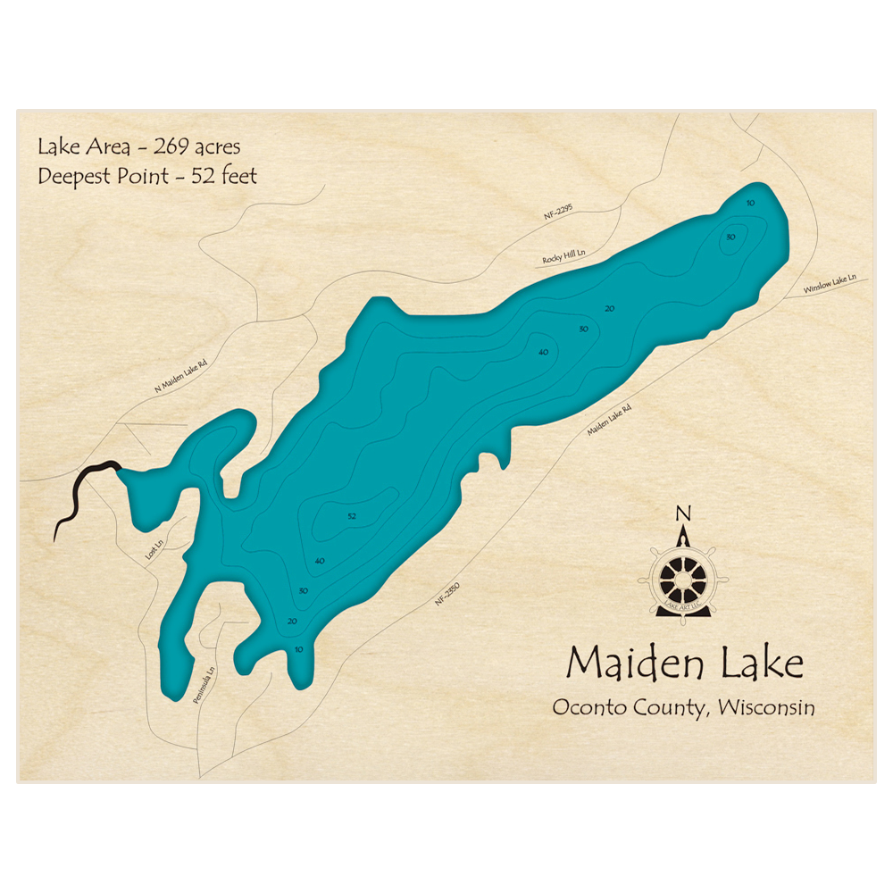 Bathymetric topo map of Maiden Lake with roads, towns and depths noted in blue water