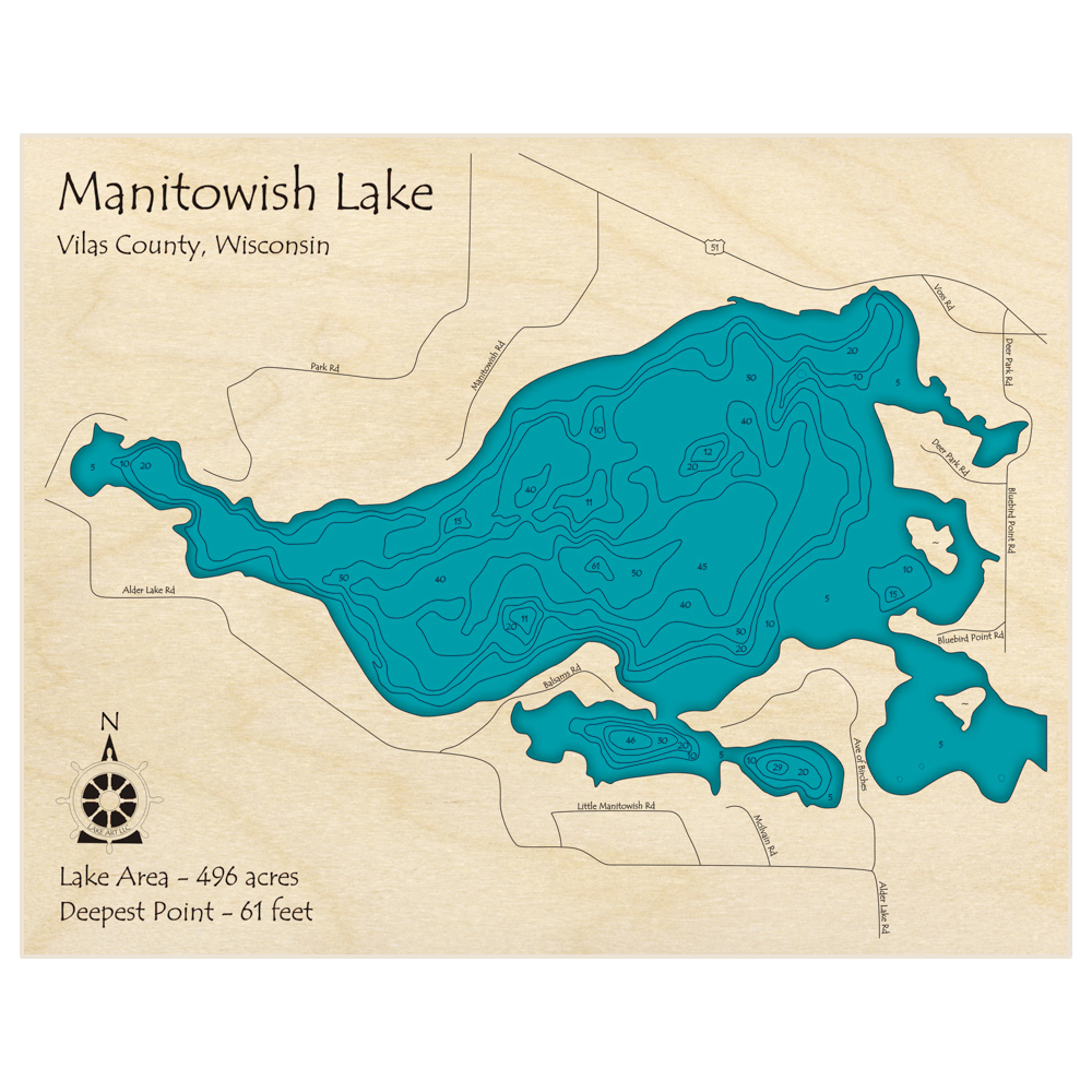 Bathymetric topo map of Manitowish Lake with roads, towns and depths noted in blue water