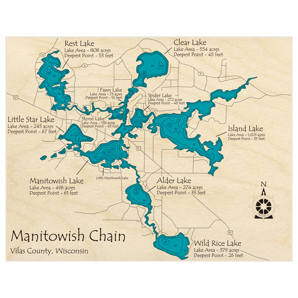 Bathymetric topo map of Manitowish Chain of Lakes with roads, towns and depths noted in blue water
