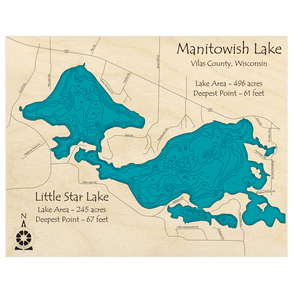 Bathymetric topo map of Manitowish Lake (With Little Star Lake) with roads, towns and depths noted in blue water