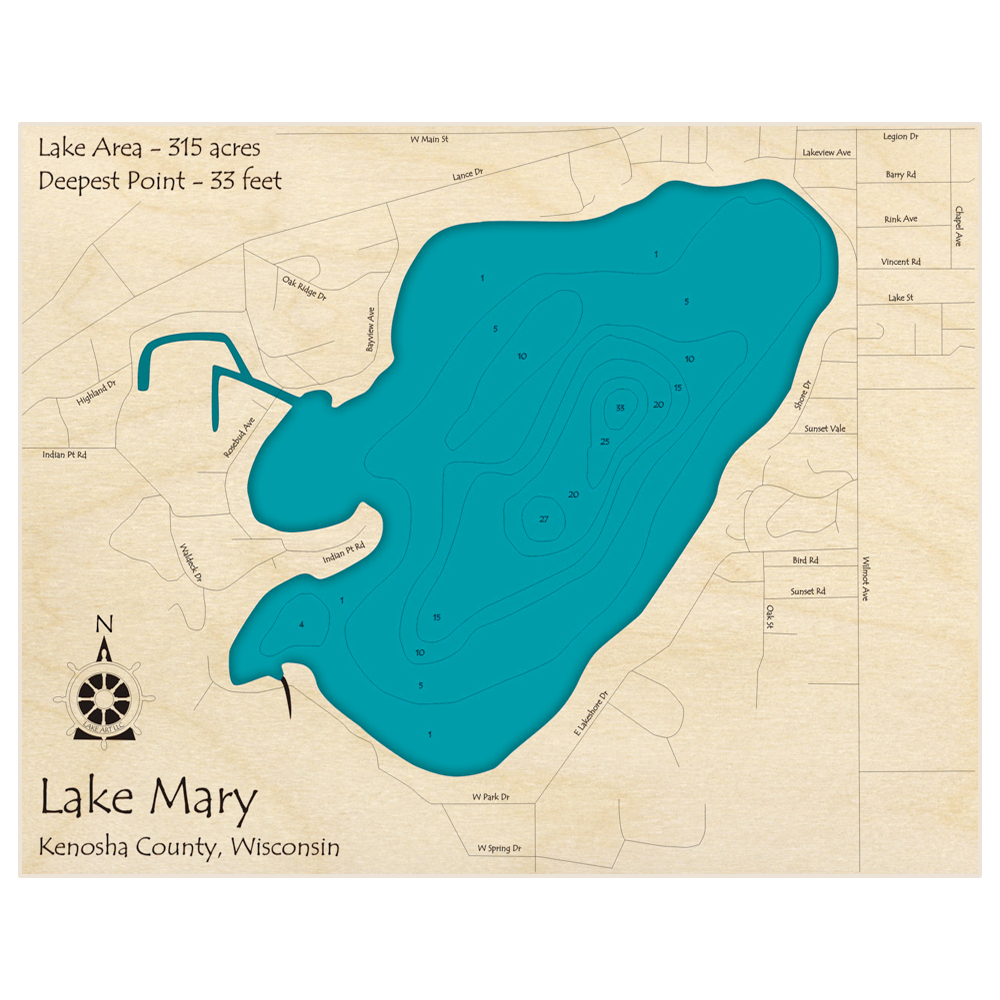 Bathymetric topo map of Mary Lake with roads, towns and depths noted in blue water