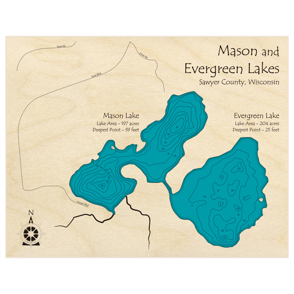 Bathymetric topo map of Mason and Evergreen Lakes with roads, towns and depths noted in blue water