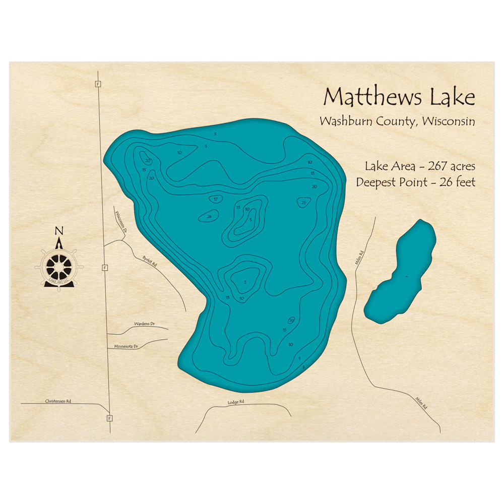 Bathymetric topo map of Matthews Lake with roads, towns and depths noted in blue water