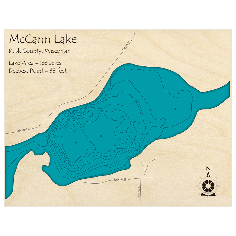 Bathymetric topo map of McCann Lake with roads, towns and depths noted in blue water