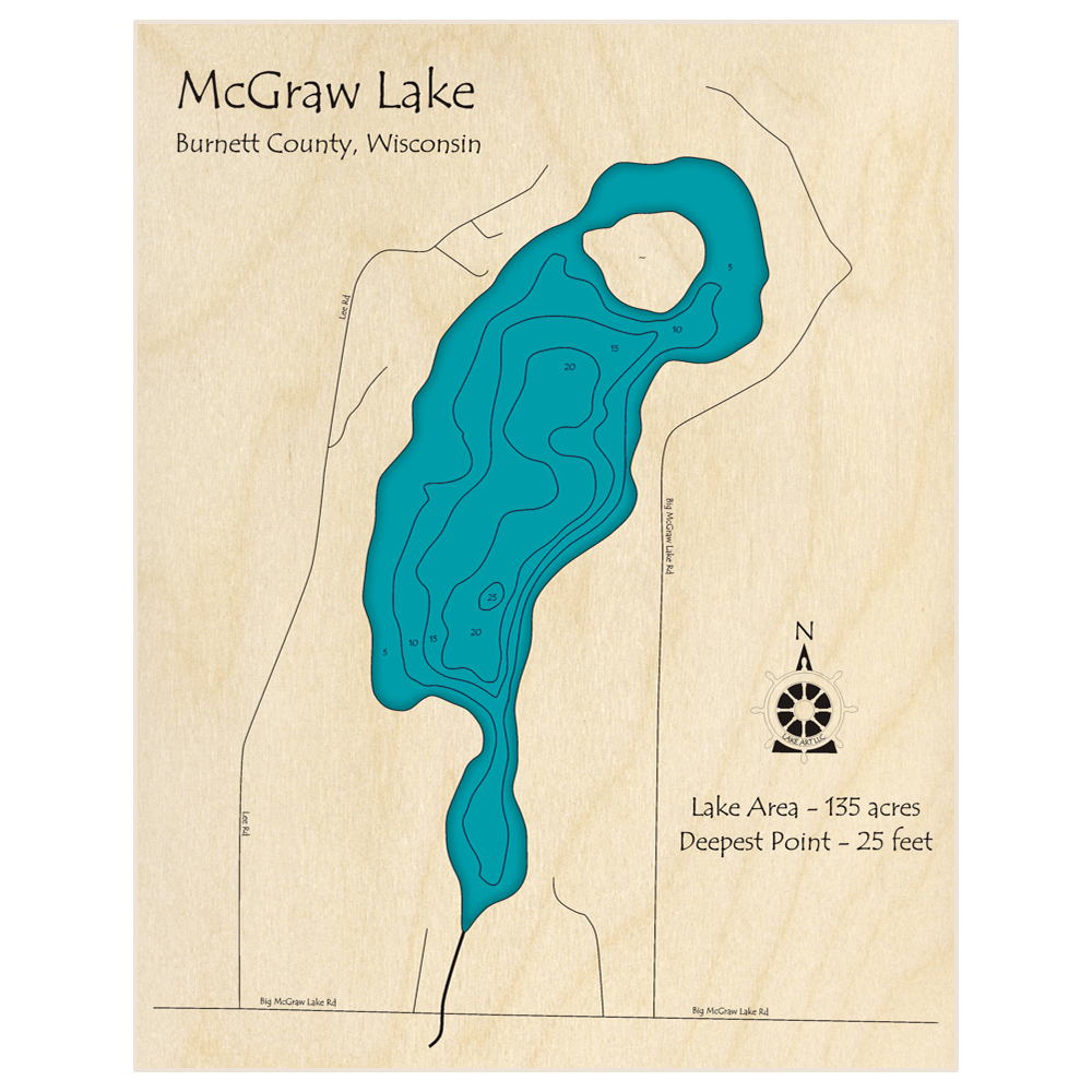 Bathymetric topo map of McGraw Lake with roads, towns and depths noted in blue water