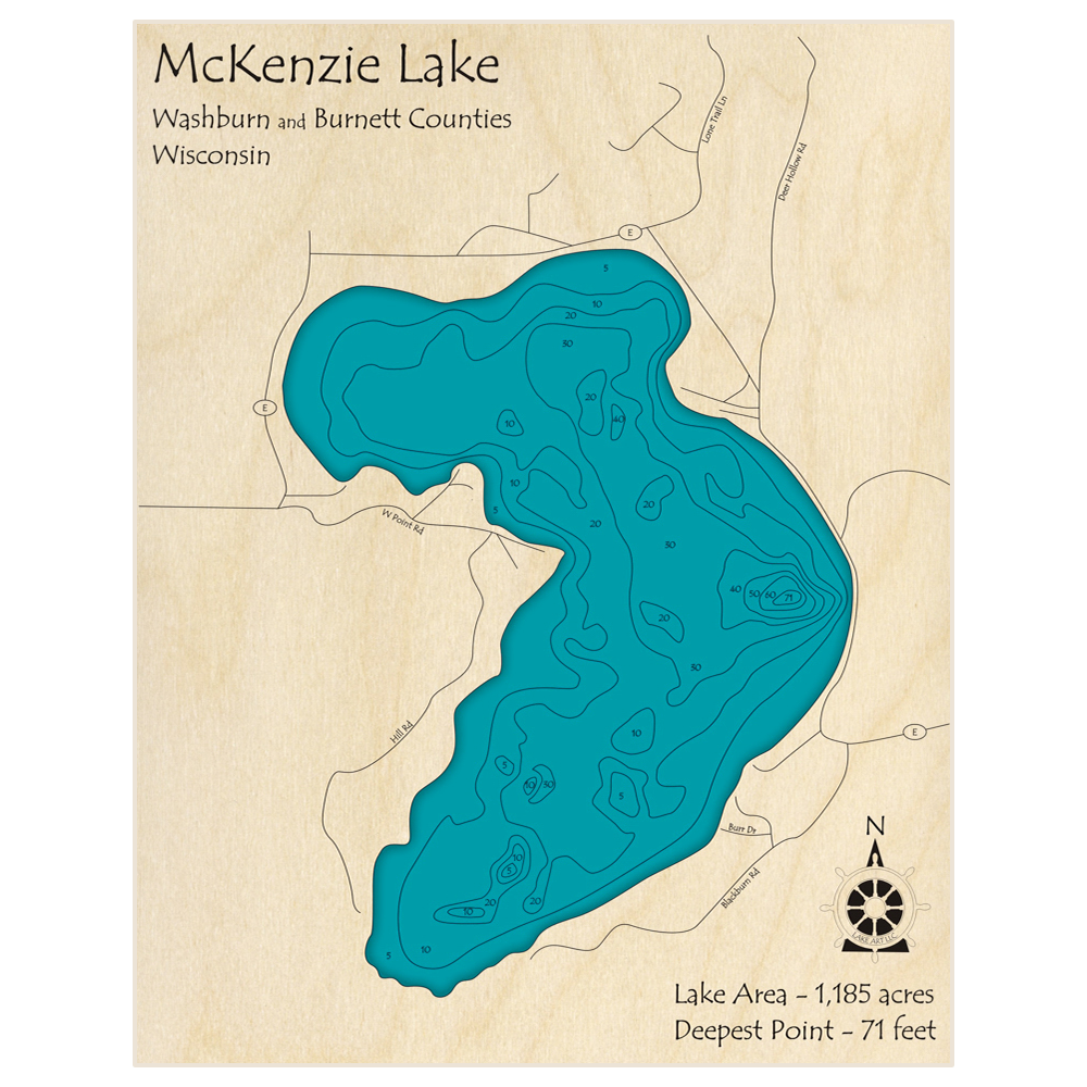 Bathymetric topo map of McKenzie Lake with roads, towns and depths noted in blue water