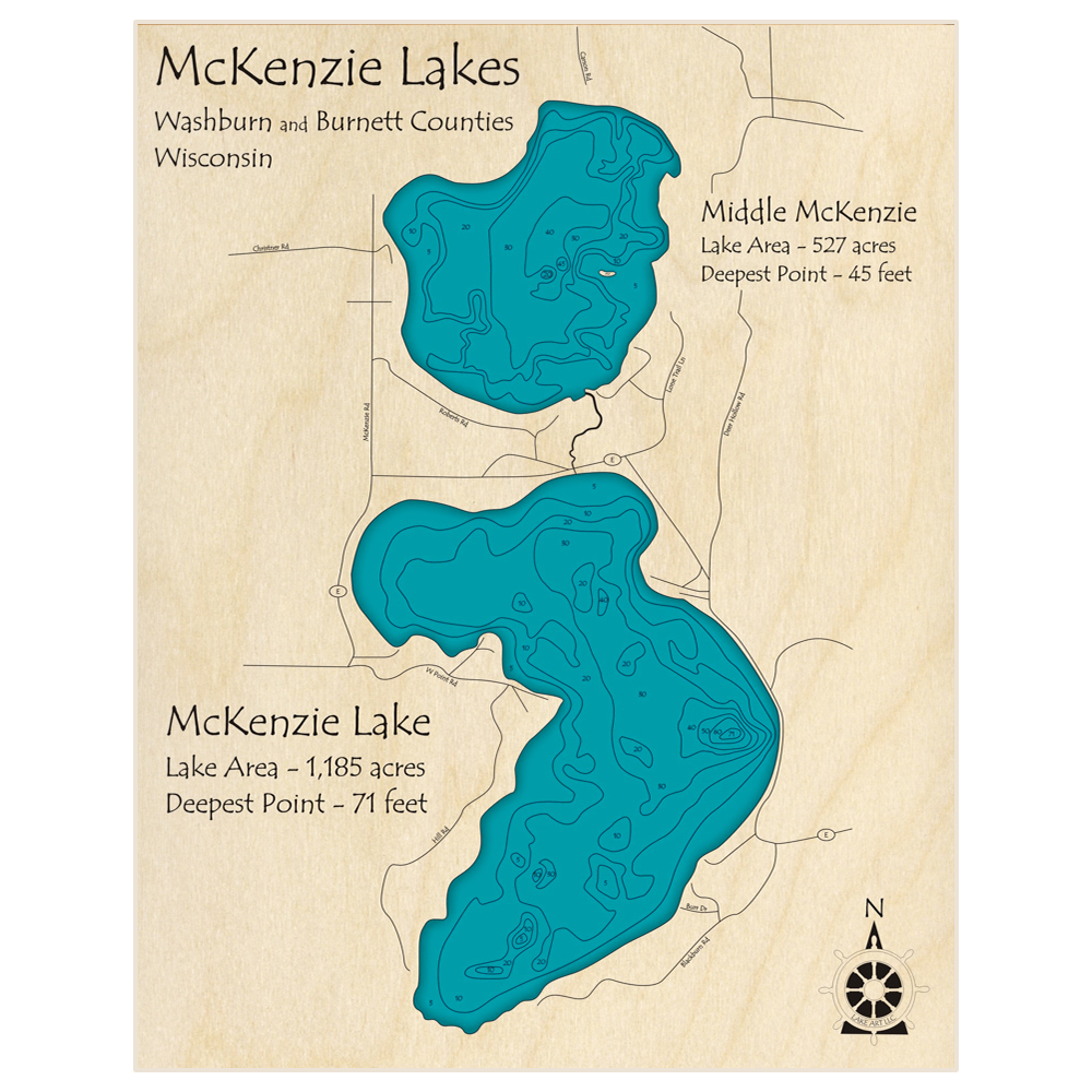 Bathymetric topo map of McKenzie Lake with Middle McKenzie Lake with roads, towns and depths noted in blue water
