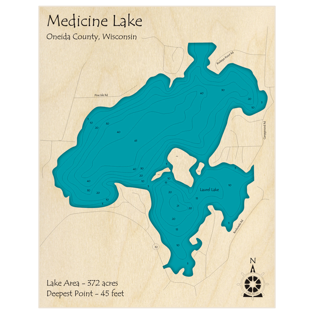 Bathymetric topo map of Medicine Lake with roads, towns and depths noted in blue water