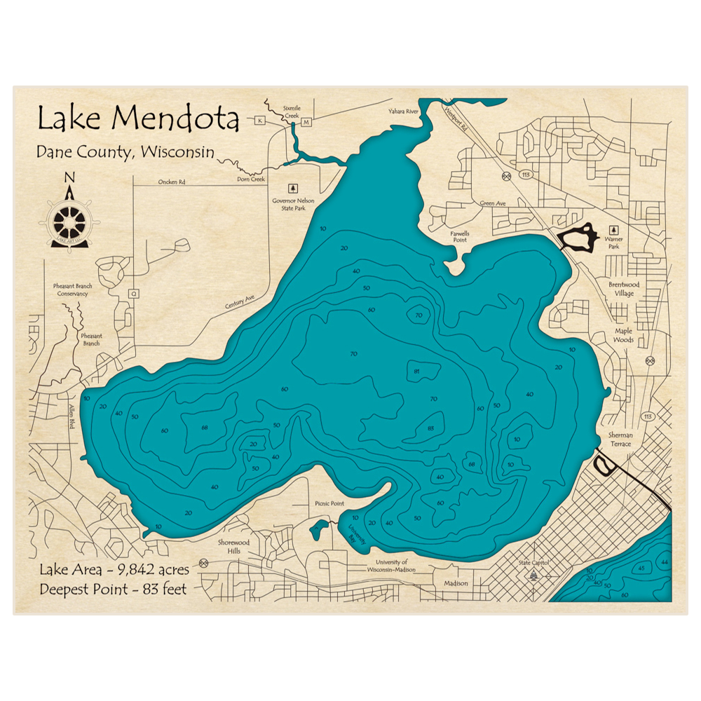 Bathymetric topo map of Lake Mendota with roads, towns and depths noted in blue water