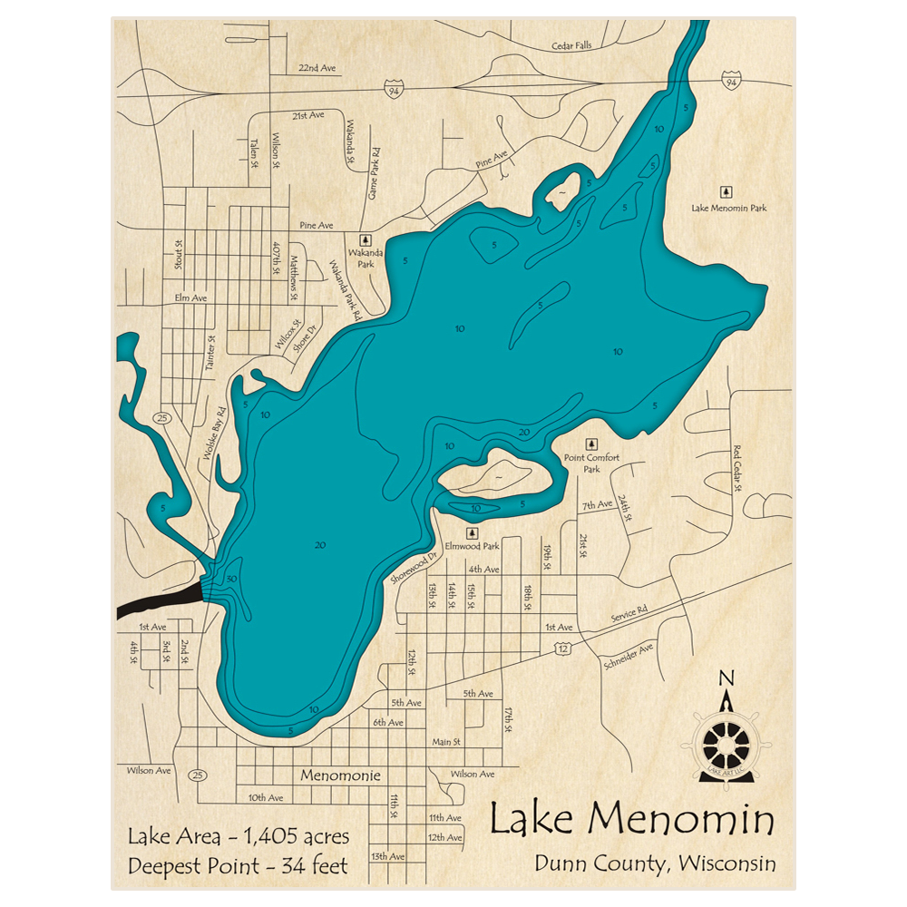 Bathymetric topo map of Lake Menomin with roads, towns and depths noted in blue water