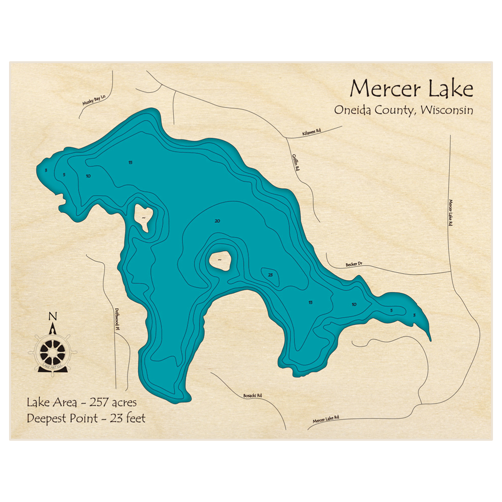Bathymetric topo map of Mercer Lake with roads, towns and depths noted in blue water