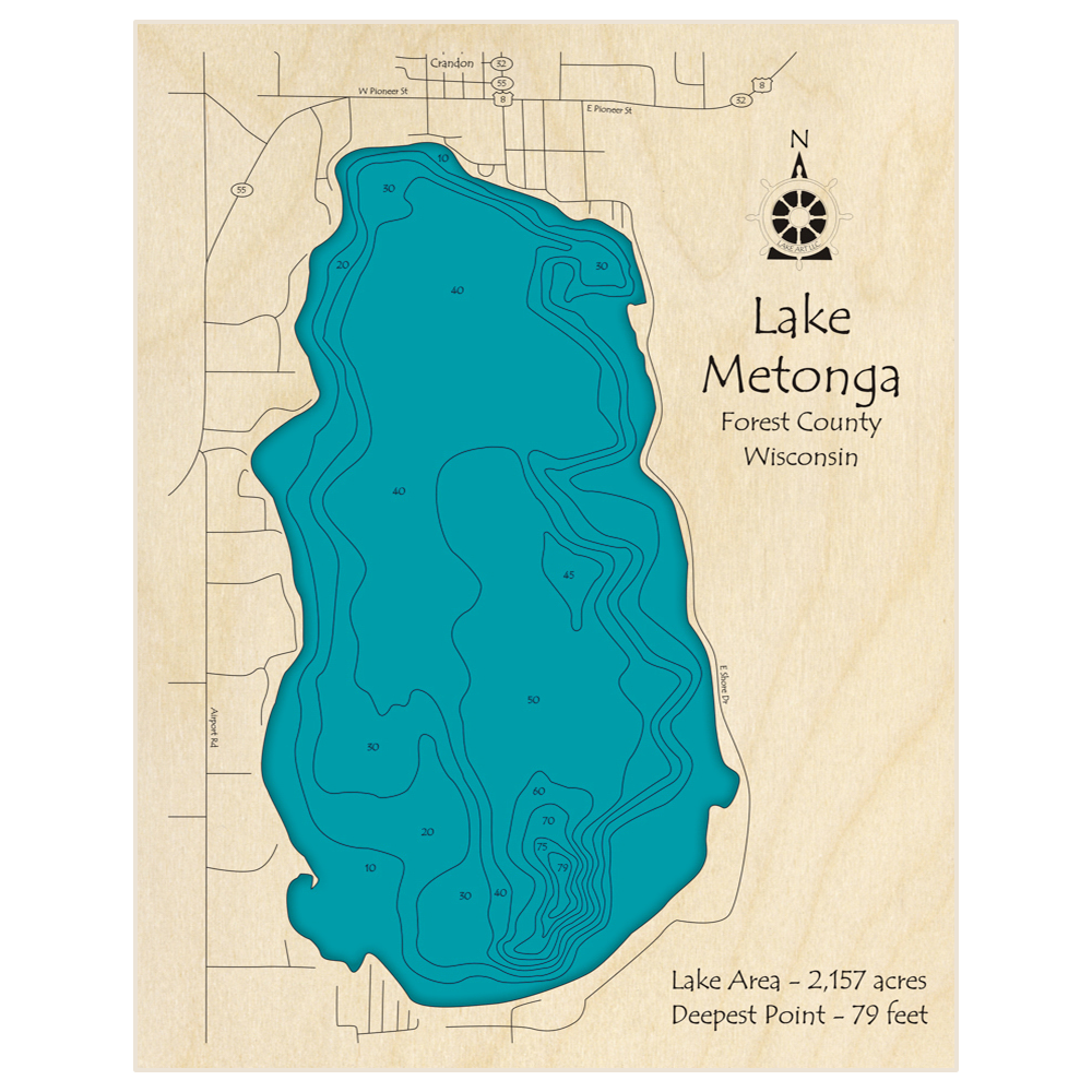Bathymetric topo map of Lake Metonga with roads, towns and depths noted in blue water