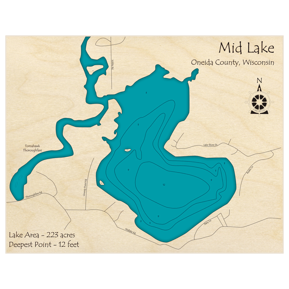 Bathymetric topo map of Mid Lake with roads, towns and depths noted in blue water