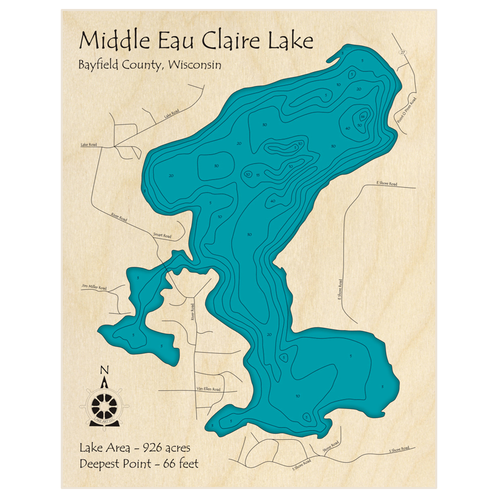 Bathymetric topo map of Middle Eau Claire Lake with roads, towns and depths noted in blue water