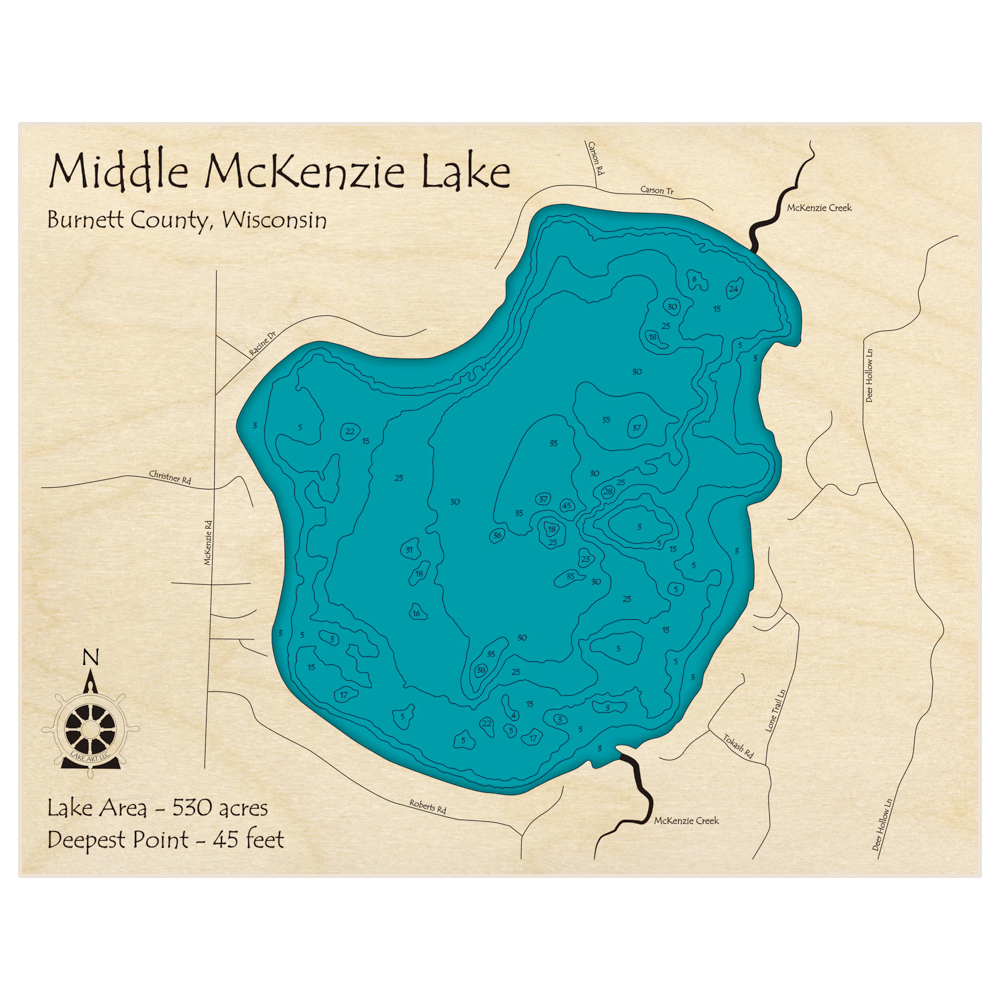 Bathymetric topo map of Middle McKenzie Lake with roads, towns and depths noted in blue water